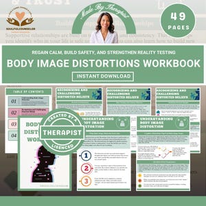 Könnte beinhalten: Ein Arbeitsbuch mit dem Titel "Body Image Distortions" mit dem Text "Instant Download". Das Cover zeigt das Bild einer Frau und den Text "Made by Therapist". Das Arbeitsbuch hat 49 Seiten und behandelt Themen wie Körperbildstörungen.