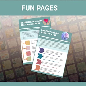 May include: Two informational pages titled "STABILISATION AND SELF-REGULATION" and "UNDERSTANDING COMPLEX PTSD" are displayed. The pages feature text, bullet points, and graphics, including a heart and a brain illustration. The background is a collage of similar pages.