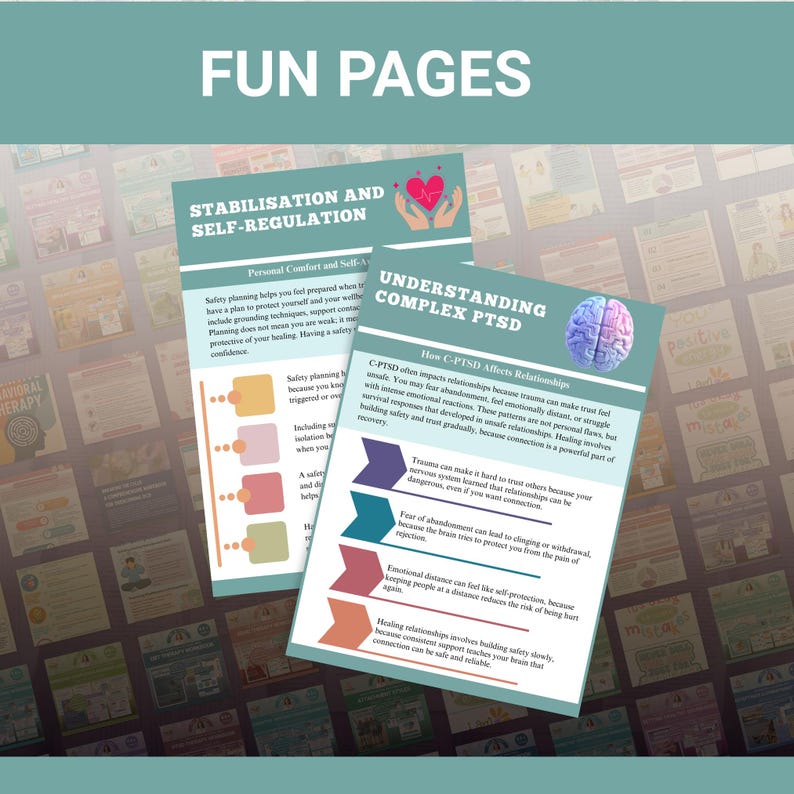 May include: Two informational pages titled "STABILISATION AND SELF-REGULATION" and "UNDERSTANDING COMPLEX PTSD" are displayed. The pages feature text, bullet points, and graphics, including a heart and a brain illustration. The background is a collage of similar pages.