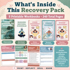 Peut inclure: Un pack de récupération numérique comprenant cinq cahiers d'exercices imprimables totalisant 240 pages. L'ensemble inclut des guides sur la dépression, la surcharge émotionnelle, le stress, le burn-out et les soucis, avec des exercices pratiques.