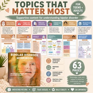 May include: A Bipolar Disorder Workbook with a cover featuring a person's face and the title 'Importance of Bipolar Disorder Therapy'. The image includes informational charts about understanding bipolar disorder, triggers, medication, and lifestyle stability.
