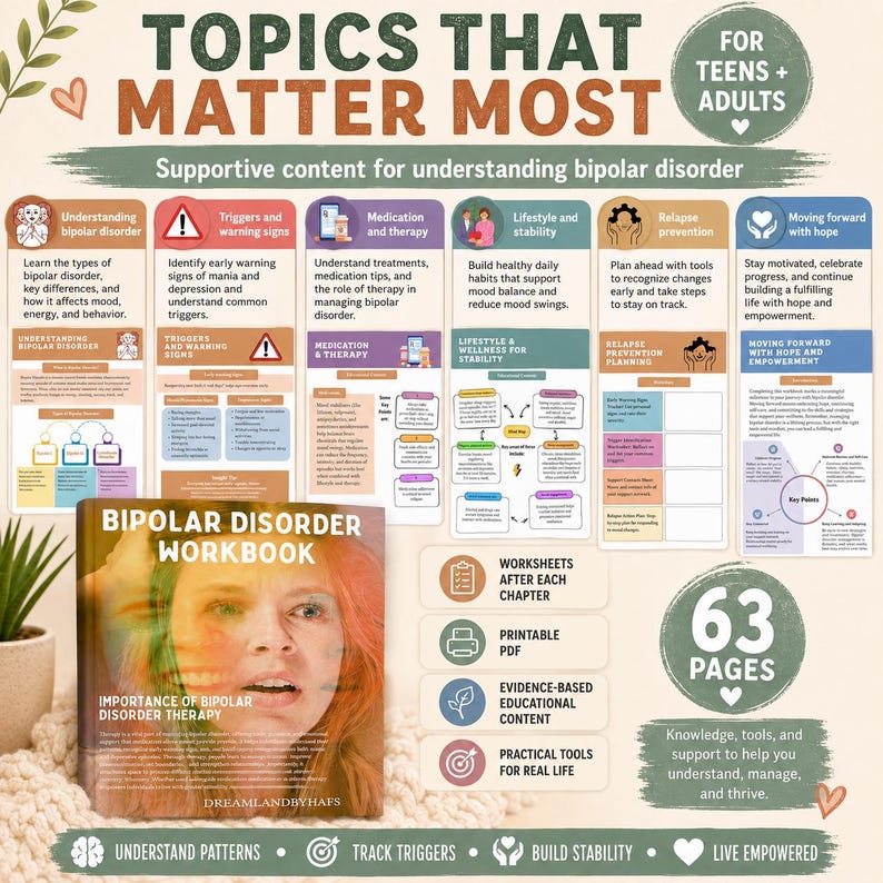 May include: A Bipolar Disorder Workbook with a cover featuring a person's face and the title 'Importance of Bipolar Disorder Therapy'. The image includes informational charts about understanding bipolar disorder, triggers, medication, and lifestyle stability.