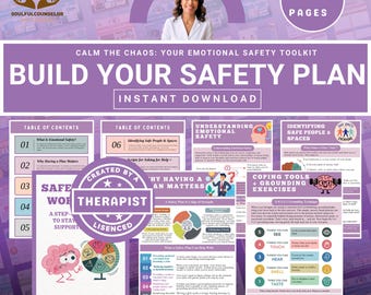 May include: A digital download titled "Build Your Safety Plan" with a purple and white design. The image includes a photo of a therapist, and various pages with text and graphics related to emotional safety and coping strategies.