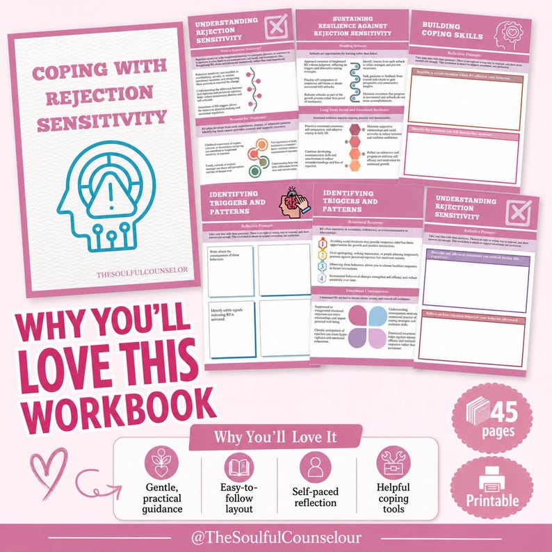 May include: A 45-page printable workbook titled Coping with Rejection Sensitivity, featuring pink and white pages with text, diagrams, and reflection prompts. The cover displays a blue head icon with an exclamation mark and the website thesoulfulcounselor.org.