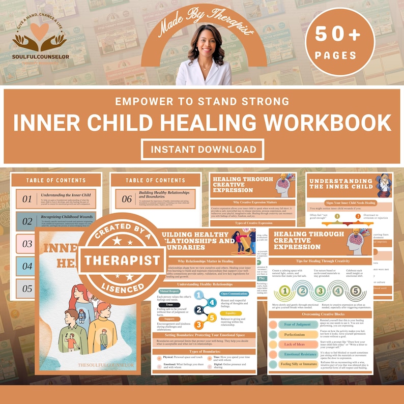 inner child healing workbook, reparenting worksheets for adults, healing childhood trauma, therapy workbook for teens, emotional healing printable, mental health journal prompts, self-discovery workbook, inner child therapy guide, creative expression for healing, shadow work journal