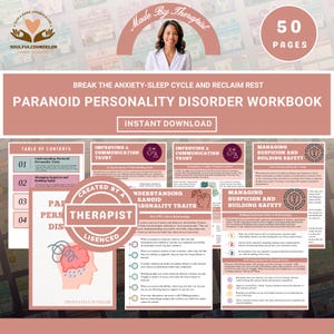 Op de afbeelding: Een digitaal werkboek getiteld "Paranoid Personality Disorder Workbook" met de tekst "Instant Download". De omslag toont een foto van een vrouw en de woorden "Made by Therapist". Het werkboek heeft 50 pagina's.