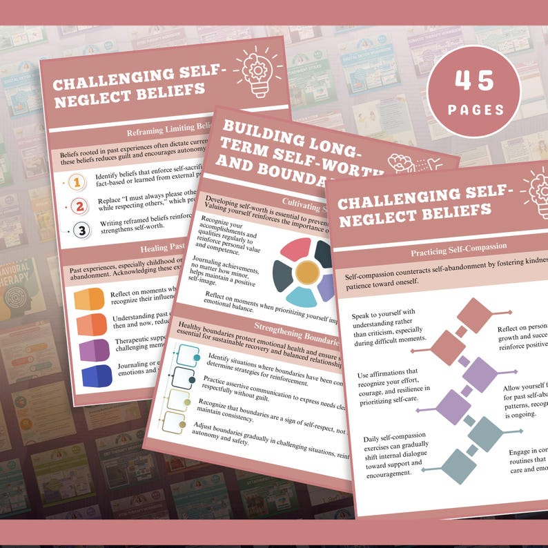 May include: A collection of pink and white self-help guides with titles like "Challenging Self-Neglect Beliefs" and "Building Long-Term Self-Worth." The guides feature diagrams and bullet points, with the number "45 pages" visible.
