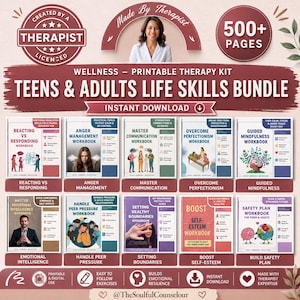 May include: A digital wellness therapy kit bundle for teens and adults featuring 500+ pages across ten workbooks including topics like anger management, communication, mindfulness, self-esteem, and safety planning with maroon and white branding.