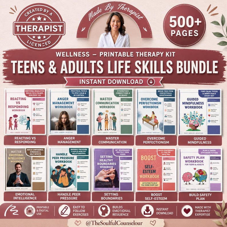 May include: A digital wellness therapy kit bundle for teens and adults featuring 500+ pages across ten workbooks including topics like anger management, communication, mindfulness, self-esteem, and safety planning with maroon and white branding.