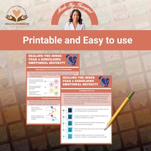 May include: Printable and easy-to-use therapy resources. The image features a woman and text that reads "Healing the Inner Fear & Rebuilding Emotional Security." A pencil rests on the corner of the page. The overall theme is mental health and self-care.