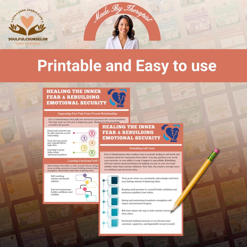 May include: Printable and easy-to-use therapy resources. The image features a woman and text that reads "Healing the Inner Fear & Rebuilding Emotional Security." A pencil rests on the corner of the page. The overall theme is mental health and self-care.