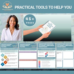 May include: A workbook titled "Heal Generational Trauma Workbook" with the text "45+ Pages". The image also includes the text "Practical Tools to Help You" and "Understanding Generational Trauma". A woman is in the image.