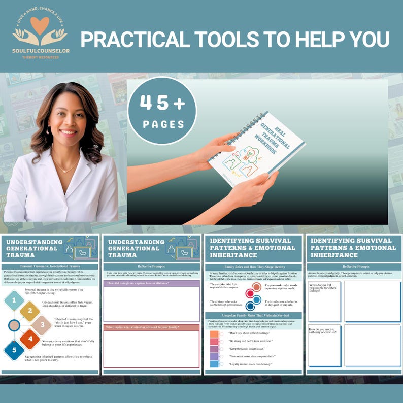 May include: A workbook titled "Heal Generational Trauma Workbook" with the text "45+ Pages". The image also includes the text "Practical Tools to Help You" and "Understanding Generational Trauma". A woman is in the image.