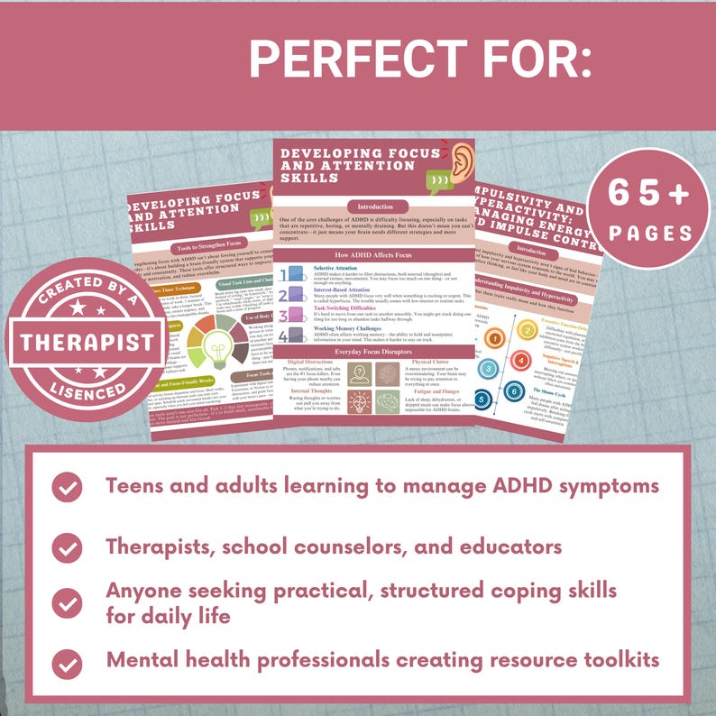 Puede incluir: Material educativo para el manejo de los s&iacute;ntomas del TDAH. La imagen presenta varias p&aacute;ginas con texto y gr&aacute;ficos, incluida la frase &laquo;Desarrollando el enfoque y las habilidades de atenci&oacute;n&raquo;. Dise&ntilde;ado para adolescentes, adultos, terapeutas y educadores. Tambi&eacute;n es visible el texto &laquo;Creado por un terapeuta&raquo;.