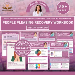 people pleasing workbook, people pleaser recovery, set boundaries workbook, self worth workbook, saying no workbook, assertiveness journal, emotional healing workbook, printable therapy workbook, self help for people pleasers, reclaim your voice, stop people pleasing, personal growth journal, trauma healing resources, inner child workbook, boundary setting