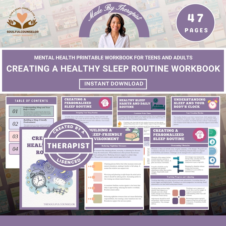 Printable Sleep Routine Workbook Cover

Sleep Hygiene Workbook Pages

Sleep Routine Worksheet Prompts

Teen Sleep Workbook Printable

Adult Sleep Guide PDF

Stress Reduction and Sleep Workbook

Sleep Environment Worksheet

Bedtime Routine Printable

Sleep Tracking and Reflection Pages

Therapist-Informed Sleep Workbook