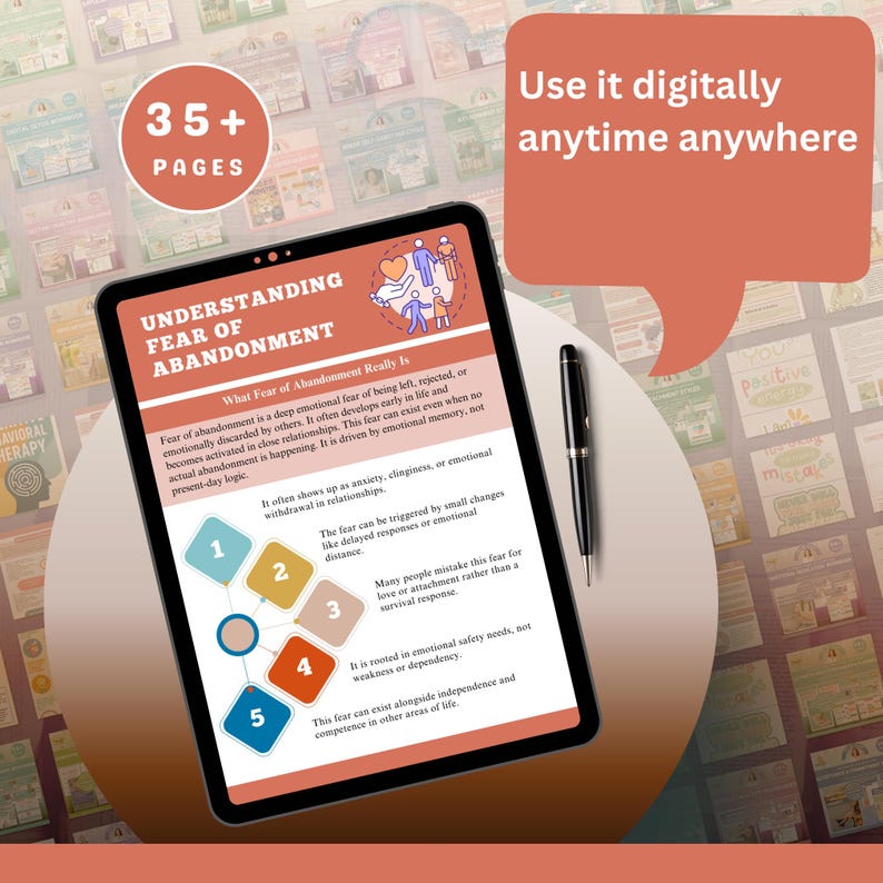 May include: A digital tablet shows a document titled "Understanding Fear of Abandonment." The document explains the fear, its triggers, and effects. A black pen rests beside the tablet. The image includes the text "Use it digitally anytime anywhere" and "35+ PAGES."