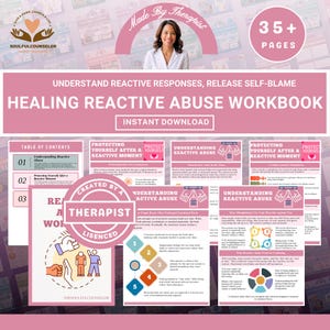 Puede incluir: Un cuaderno de trabajo rosa y blanco titulado "Healing Reactive Abuse Workbook" con el texto "Instant Download". La portada presenta la imagen de una mujer y el texto "Made by Therapist". El cuaderno de trabajo tiene más de 35 páginas e incluye secciones sobre la comprensión del abuso reactivo.