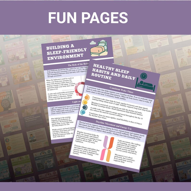 May include: Two purple educational pages with the text "FUN PAGES" at the top. One page is titled "BUILDING A SLEEP-FRIENDLY ENVIRONMENT" and the other is "HEALTHY SLEEP HABITS AND DAILY ROUTINE". The pages contain text and colorful graphics.