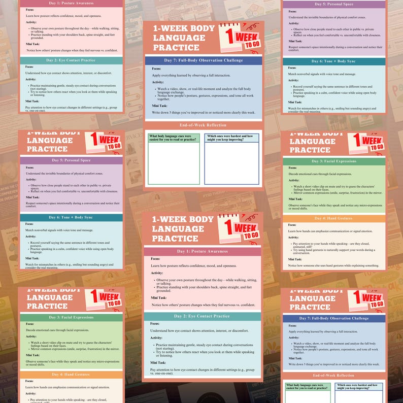 body language workbook, social intelligence planner, posture and presence guide, facial expression reading, eye contact practice sheet, personal space awareness tool, gesture communication skills, weekly social practice planner, teen communication workbook, printable body language guide, digital nonverbal skills workbook