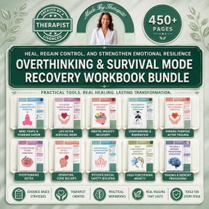 May include: A digital bundle of 450+ pages titled Overthinking & Survival Mode Recovery Workbook Bundle. It includes ten individual workbooks covering topics like mind traps, trauma, anxiety, and core beliefs, featuring therapist-created content.