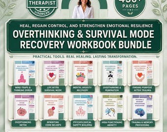 May include: A digital bundle of 450+ pages titled Overthinking & Survival Mode Recovery Workbook Bundle. It includes ten individual workbooks covering topics like mind traps, trauma, anxiety, and core beliefs, featuring therapist-created content.