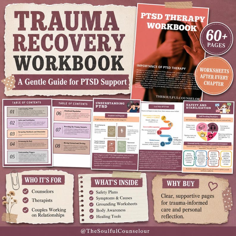 K&ouml;nnte beinhalten: Ein Trauma-Recovery-Arbeitsbuch mit einem sanften Leitfaden zur PTSD-Unterst&uuml;tzung. Das Set enth&auml;lt ein Inhaltsverzeichnis, Abschnitte zu PTSD-Verst&auml;ndnis, Sicherheit und Stabilisierung sowie Arbeitsbl&auml;tter. Es umfasst 60+ Seiten, Sicherheitspl&auml;ne, Symptome, Ursachen, Erdungs&uuml;bungen und K&ouml;rperbewusstsein.