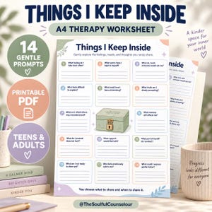 May include: A printable A4 therapy worksheet titled Things I Keep Inside, featuring 14 numbered prompts with blank lines for writing. The document includes a central illustration of a green box with a gold lock and pastel-colored borders.