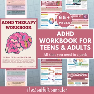 May include: ADHD workbook for teens and adults, featuring a pink brain illustration. The workbook includes over 65 pages of content, with sections on therapy, time management, and building healthy relationships. The workbook is designed to help teens and adults.