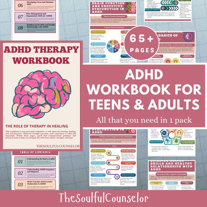 Puede incluir: Cuaderno de trabajo sobre el TDAH para adolescentes y adultos, con una ilustraci&oacute;n de un cerebro rosa. El cuaderno incluye m&aacute;s de 65 p&aacute;ginas de contenido, con secciones sobre terapia, gesti&oacute;n del tiempo y relaciones saludables.