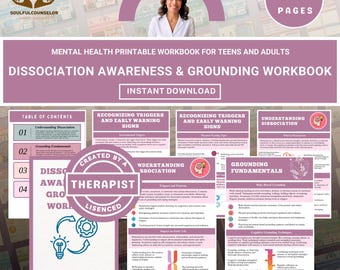 May include: A mental health printable workbook for teens and adults. The workbook is titled "Dissociation Awareness & Grounding Workbook" and is an instant download. The cover features a woman and the text "Made By Therapist". The workbook is 44 pages.