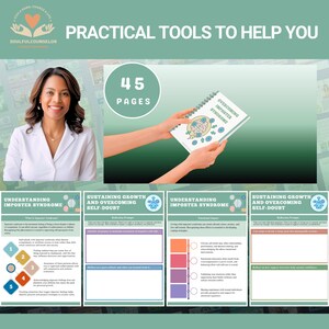Cover image of Overcoming Imposter Syndrome Workbook with calming colors

Sample chapter pages showing reflective worksheets for teens and adults

Printable PDF workbook for challenging self-doubt and building confidence

Therapeutic guide for recognizing and reframing imposter feelings

Workbook for cultivating self-worth, affirmations, and resilience