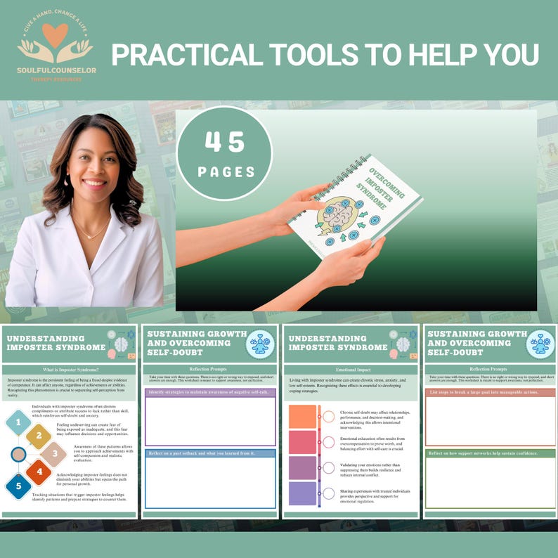 Cover image of Overcoming Imposter Syndrome Workbook with calming colors

Sample chapter pages showing reflective worksheets for teens and adults

Printable PDF workbook for challenging self-doubt and building confidence

Therapeutic guide for recognizing and reframing imposter feelings

Workbook for cultivating self-worth, affirmations, and resilience