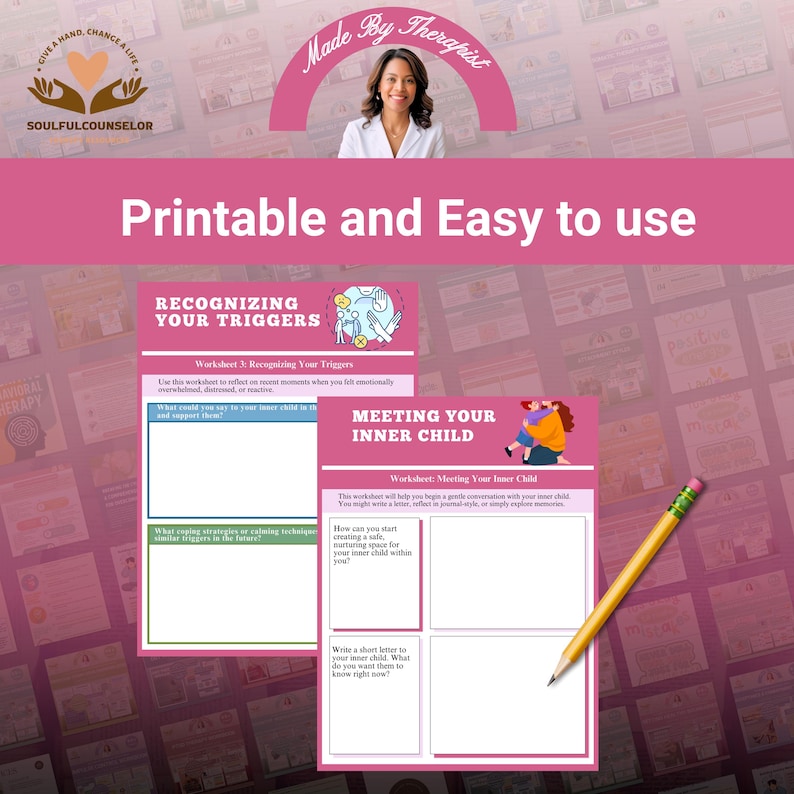 May include: Pink and white printable worksheets with the text "Recognizing Your Triggers" and "Meeting Your Inner Child". A pencil rests on the corner of the worksheets. The image also includes the text "Printable and Easy to use".