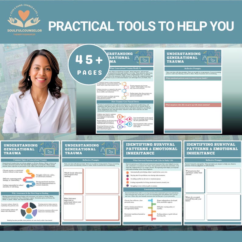May include: A promotional image for Soulful Counselor therapy resources. The image features a woman in a white blazer and several pages of educational materials. The text on the pages includes "Understanding Generational Trauma" and "Identifying Survival Patterns & Emotional Inheritance."