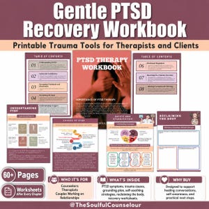 K&ouml;nnte beinhalten: Ein sanftes PTSD-Erholungs-Arbeitsbuch mit druckbaren Traumawerkzeugen f&uuml;r Therapeuten und Klienten. Das Set enth&auml;lt ein Inhaltsverzeichnis, Arbeitsbl&auml;tter zu PTSD-Symptomen, Ursachen, Sicherheit, Stabilisierung und K&ouml;rperarbeit, 60+ Seiten.