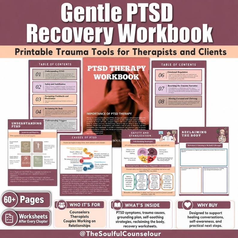 K&ouml;nnte beinhalten: Ein sanftes PTSD-Erholungs-Arbeitsbuch mit druckbaren Traumawerkzeugen f&uuml;r Therapeuten und Klienten. Das Set enth&auml;lt ein Inhaltsverzeichnis, Arbeitsbl&auml;tter zu PTSD-Symptomen, Ursachen, Sicherheit, Stabilisierung und K&ouml;rperarbeit, 60+ Seiten.