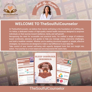 Op de afbeelding: Een promotieafbeelding voor TheSoulfulCounselor, met een vrouw en diverse materialen voor geestelijke gezondheid. De afbeelding bevat de tekst "WELCOME TO TheSoulfulCounselor" en titels als "SLEEP DISORDER INSOMNIA" en "IDENTIFYING TRIGGERS & SLEEP DISRUPTORS".