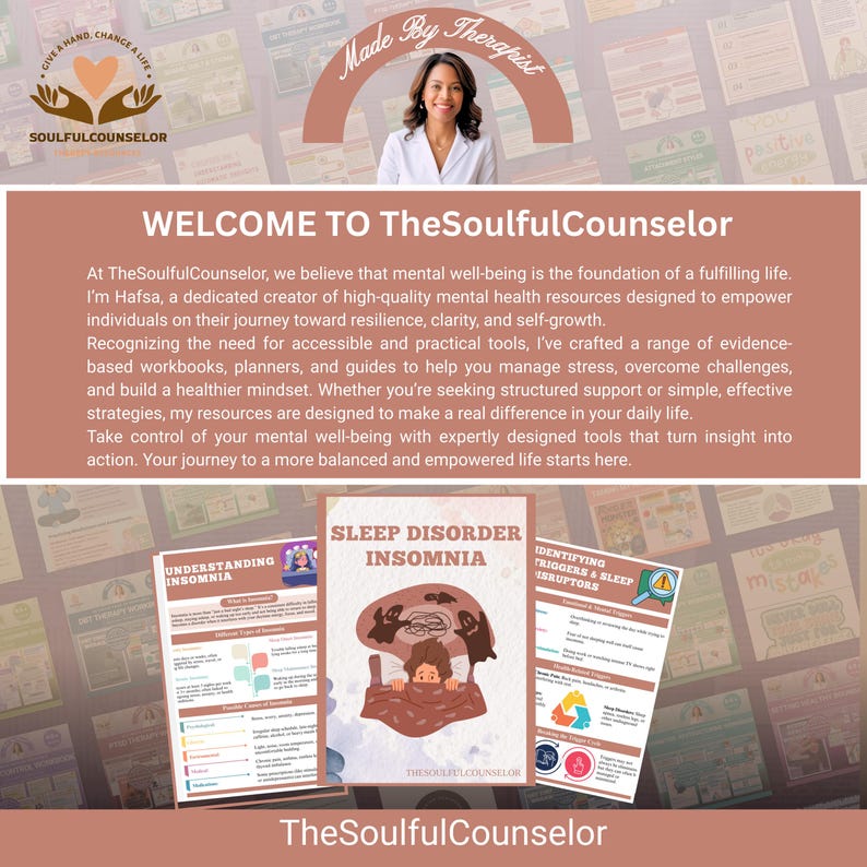 Op de afbeelding: Een promotieafbeelding voor TheSoulfulCounselor, met een vrouw en diverse materialen voor geestelijke gezondheid. De afbeelding bevat de tekst "WELCOME TO TheSoulfulCounselor" en titels als "SLEEP DISORDER INSOMNIA" en "IDENTIFYING TRIGGERS & SLEEP DISRUPTORS".