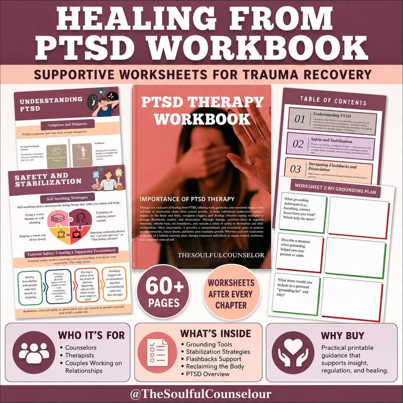 K&ouml;nnte beinhalten: Ein Arbeitsbuch zur Heilung von PTBS mit unterst&uuml;tzenden Arbeitsbl&auml;ttern zur Traumabew&auml;ltigung. Das Cover zeigt eine Person, die ihr Gesicht mit der Hand bedeckt. Enth&auml;lt ein Inhaltsverzeichnis sowie Arbeitsbl&auml;tter f&uuml;r Erdungs&uuml;bungen.