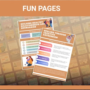 Puede incluir: Dos p&aacute;ginas impresas coloridas con el texto "FUN PAGES" en la parte superior. Una p&aacute;gina se titula "BUILDING HEALTHY RELATIONSHIPS AND BOUNDARIES" y la otra "HEALING THROUGH CREATIVE EXPRESSION". Las p&aacute;ginas est&aacute;n sobre un fondo estampado.