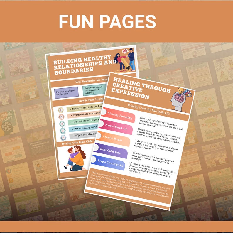 Puede incluir: Dos p&aacute;ginas impresas coloridas con el texto "FUN PAGES" en la parte superior. Una p&aacute;gina se titula "BUILDING HEALTHY RELATIONSHIPS AND BOUNDARIES" y la otra "HEALING THROUGH CREATIVE EXPRESSION". Las p&aacute;ginas est&aacute;n sobre un fondo estampado.