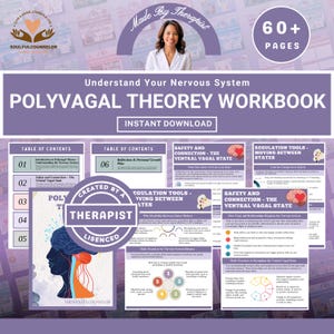Pode incluir: Um livro de exercícios intitulado "Polyvagal Theory Workbook" com o texto "Understand Your Nervous System" e "Instant Download". A capa apresenta uma foto de uma mulher e o texto "Made by Therapist". O livro tem mais de 60 páginas.