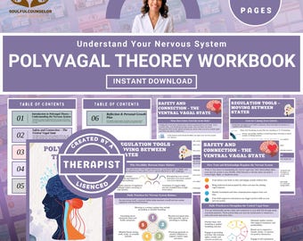 May include: A workbook titled "Polyvagal Theory Workbook" with the text "Understand Your Nervous System" and "Instant Download." The cover features a woman's photo and the text "Made by Therapist." The workbook has over 60 pages and includes tables of contents and diagrams.