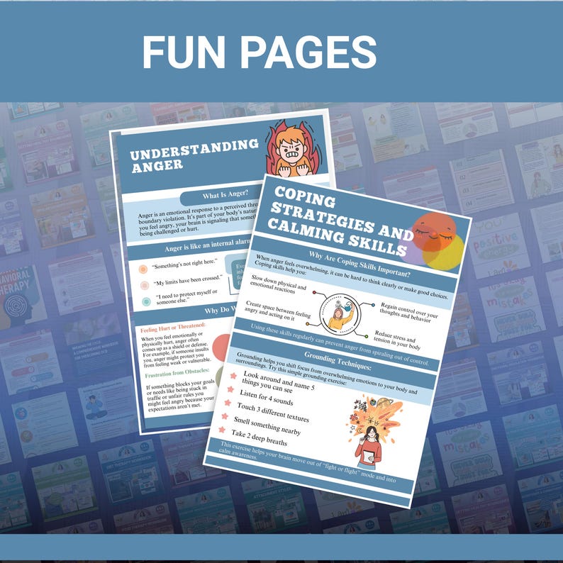 May include: Two educational posters are visible, one titled "Understanding Anger" and the other "Coping Strategies and Calming Skills". They feature colourful illustrations and text about managing emotions. The top of the image reads "FUN PAGES".