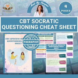 Op de afbeelding: Een CBT Socratic Questioning Cheat Sheet met de tekst "Made by Therapist" en "4 Pages". De sheet bevat CBT-specifieke vragen en therapeutentips. De afbeelding bevat ook de tekst "Created by a Therapist" en "Licensed."
