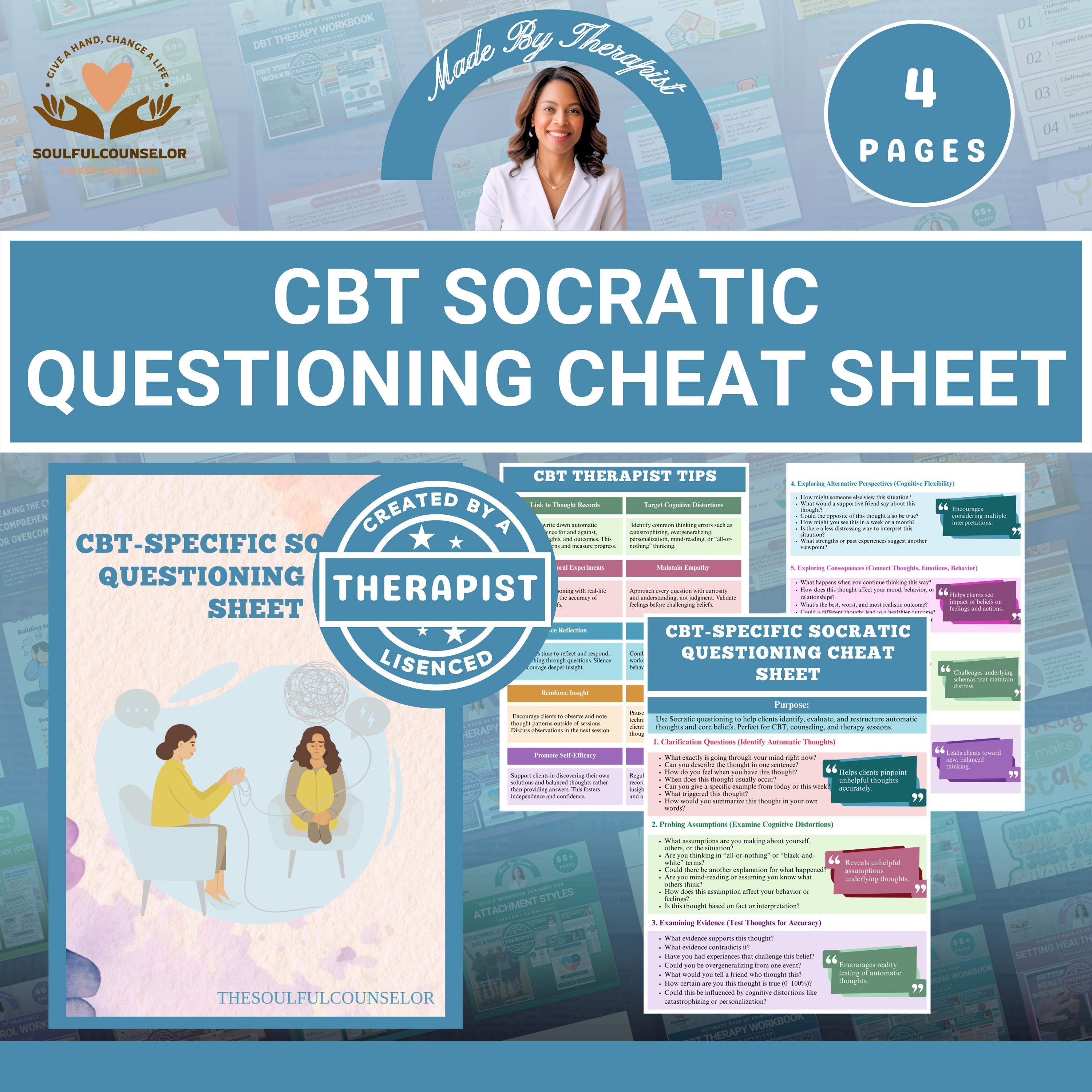 CBT Socratic Questioning Cheat Sheet: Therapist Cognitive Restructuring ...
