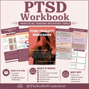 K&ouml;nnte beinhalten: Ein PTSD-Arbeitsbuch mit praktischen Werkzeugen zur Traumabew&auml;ltigung, inklusive Seiten zu Verst&auml;ndnis, Ursachen und Inhaltsverzeichnis. Das Cover zeigt den Titel PTSD THERAPY WORKBOOK und den Text THESOULFULCOUNSELOR.
