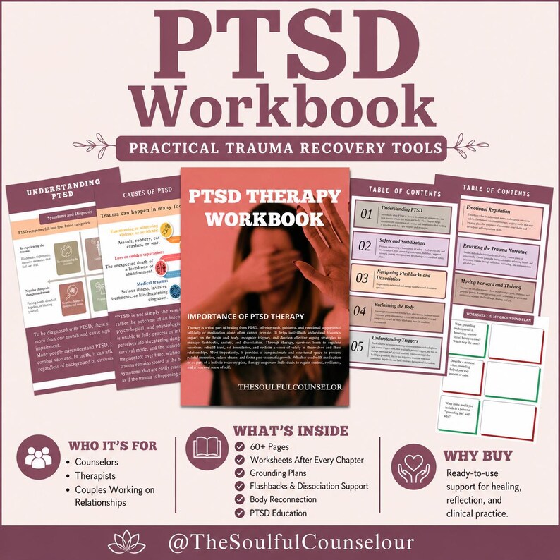 K&ouml;nnte beinhalten: Ein PTSD-Arbeitsbuch mit praktischen Werkzeugen zur Traumabew&auml;ltigung, inklusive Seiten zu Verst&auml;ndnis, Ursachen und Inhaltsverzeichnis. Das Cover zeigt den Titel PTSD THERAPY WORKBOOK und den Text THESOULFULCOUNSELOR.