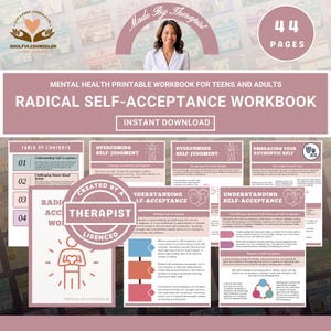 Può includere: Un quaderno di lavoro stampabile sulla salute mentale per adolescenti e adulti, intitolato "Radical Self-Acceptance Workbook". È un download immediato e contiene 44 pagine. Il quaderno tratta temi come l'accettazione di sé e l'autogiudizio.